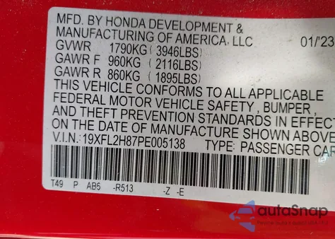 2023 Honda Civic Sport from USA, damaged, VIN 19XFL2H87PE005138